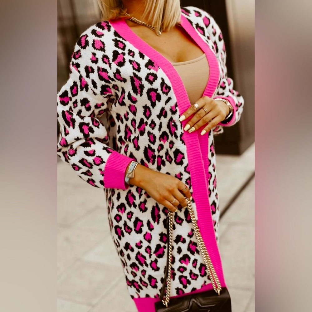 Cardigan / Leopard Ribbed Trim Knitted Cardigan